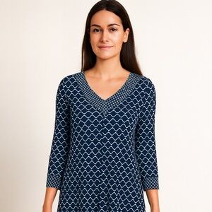 🌟 Carmen Marc Valvo Geometric Print Dress – Navy & Aqua – Size L 🌟